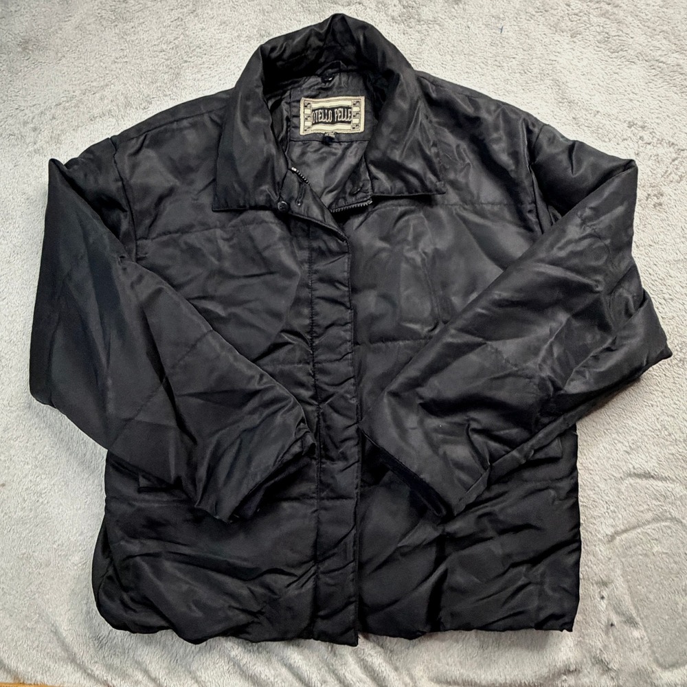 Otello Pelle Vintage Black Puffer Jacket Quilted Satin Zip Up Coat Womens Medium